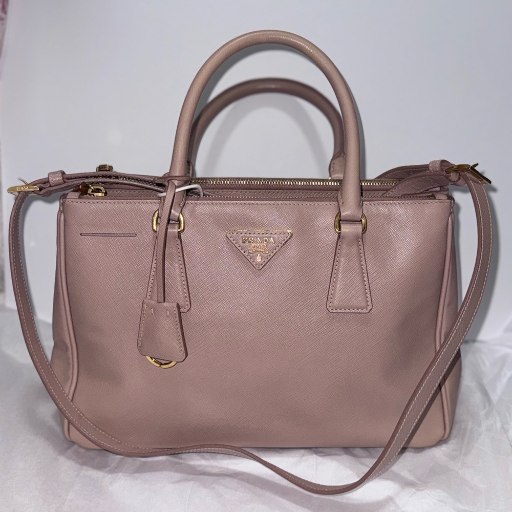 Prada Saffiano Lux Double-Zip Satchel in Blush Pink with COA 3 compartment 2 zip